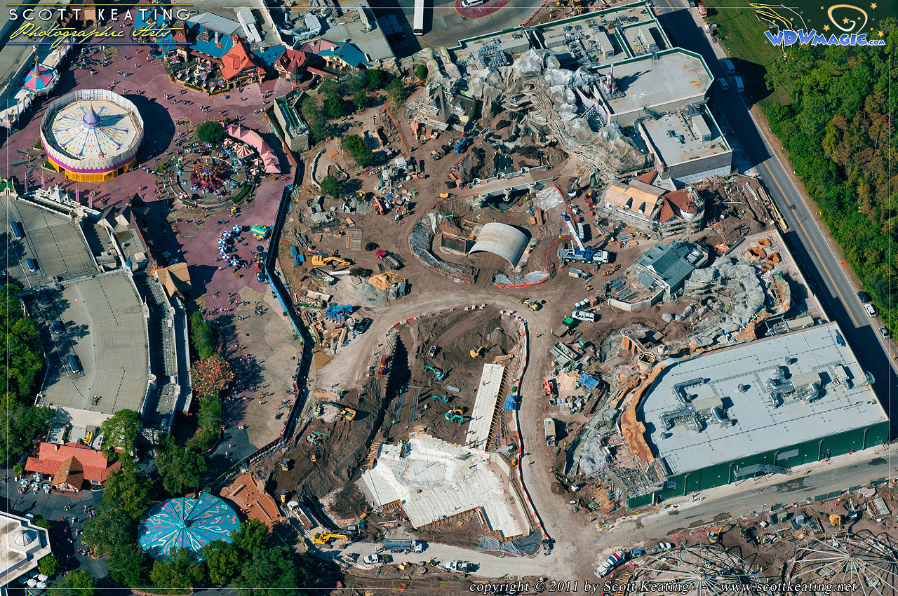 Fantasyland - New concrete foundations in the center of the image for the Mine Train Coaster