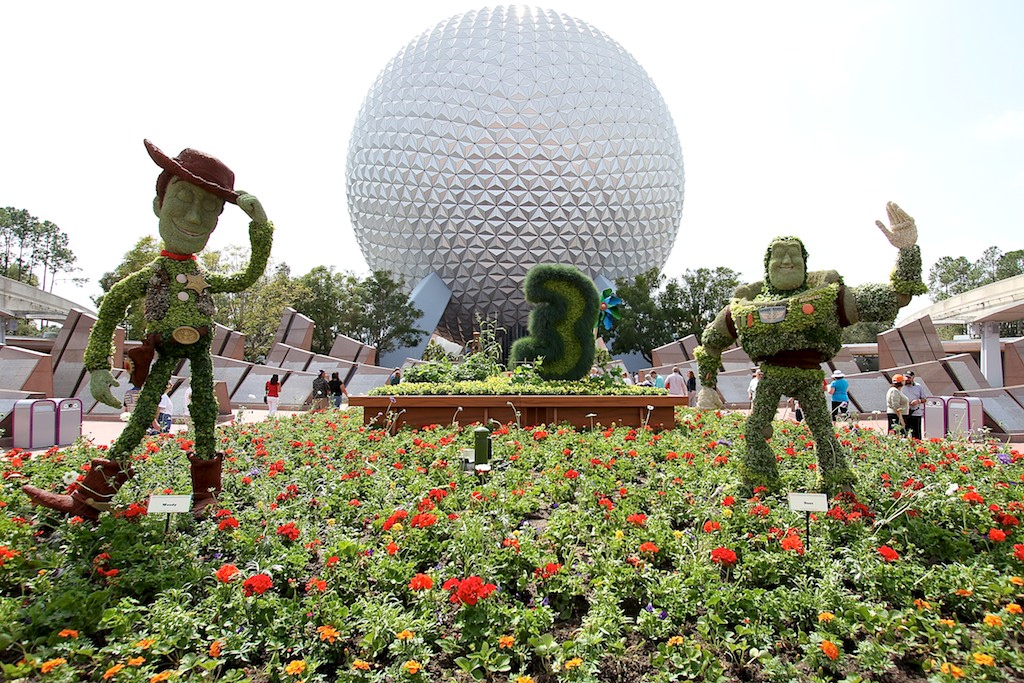 International Flower and Garden Festival - Buzz and Woody infront of Spaceship Earth welcome guests to this year's festival